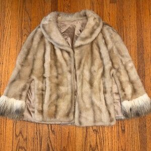 Vintage Mink Faux Fur Cape, Embroidery Lined with Pockets.